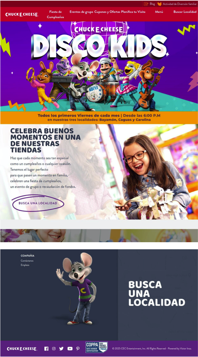 Captura de pantalla Website Chuck E. Cheese's PR